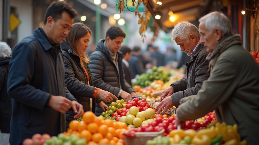 Профессиональное фото оживленного рынка Казахстана с разнообразными товарами, покупатели выбирают продукты