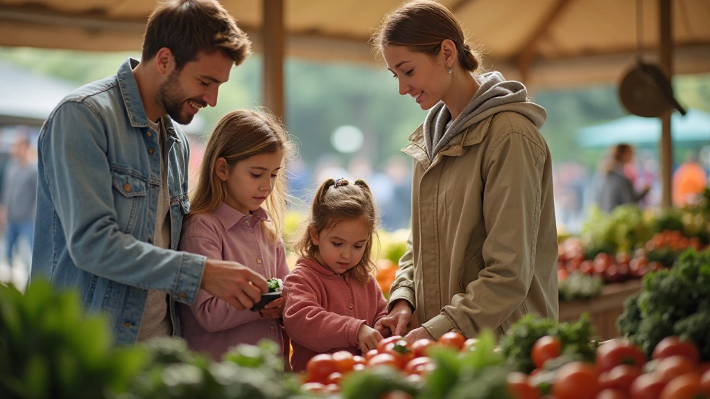 Профессиональное фото семьи на рынке с сумками, выбирающей овощи, естественное освещение
