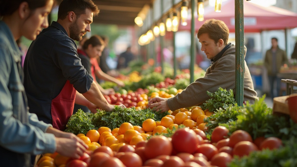 Профессиональное фото рынка с прилавками овощей и фруктов, покупатели выбирают товары