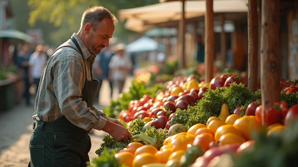Профессиональное фото продовольственного рынка с разнообразными свежими овощами и фруктами на прилавках