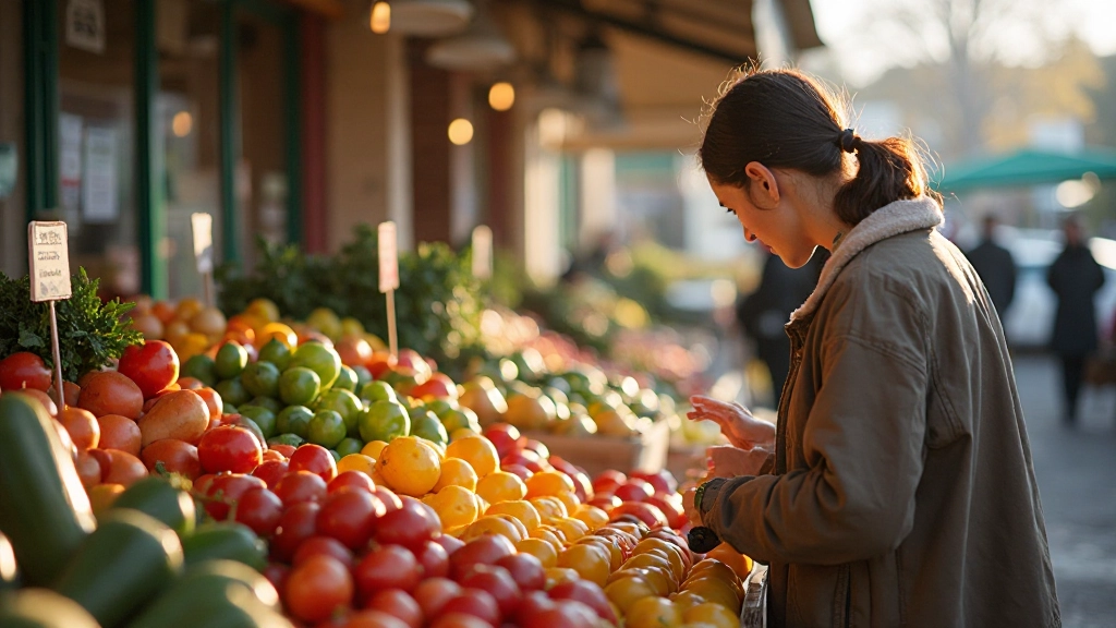 Свежие продукты на рынке с ценовыми табличками, демонстрирующие колебания цен