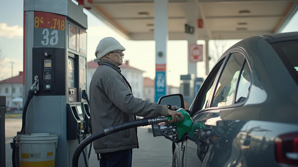 Профессиональное фото бензозаправки, оператор заправляет автомобиль, видны ценники на топливо