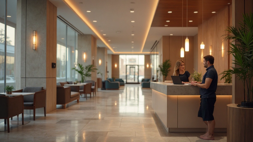 Современный гостиничный холл с стойкой регистрации и туристами, оформляющими заселение