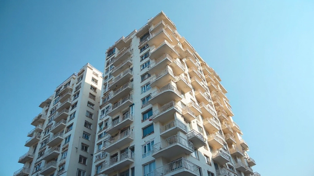 Профессиональное фото современного жилого комплекса, вид снизу с голубым небом