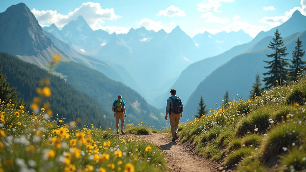 Туристический центр горного курорта в летний сезон с активным потоком посетителей