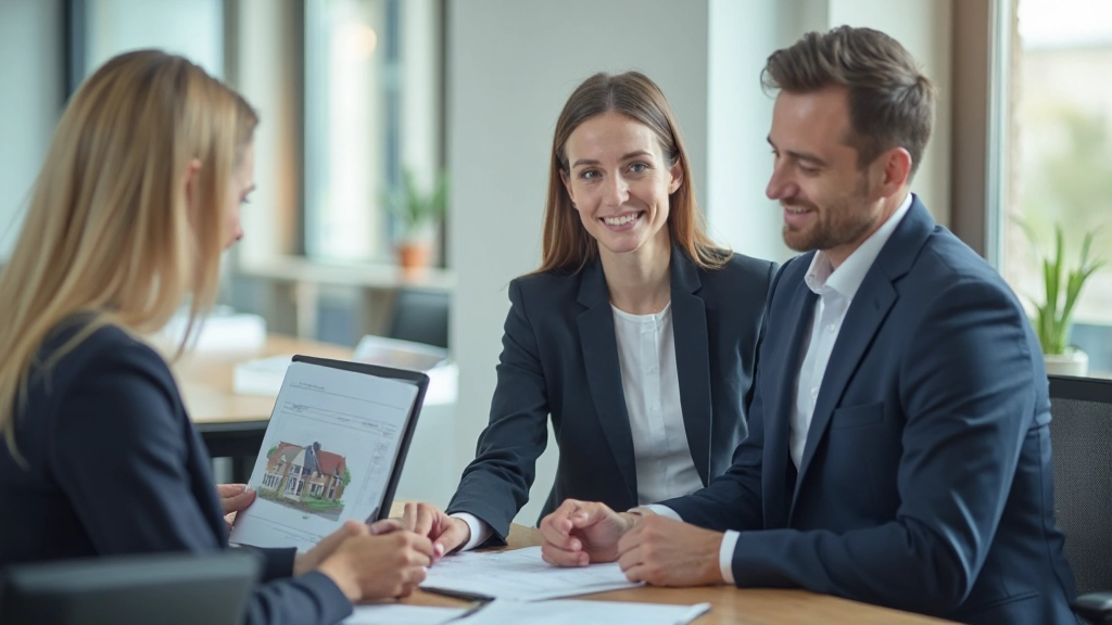 Фото современного офиса недвижимости с моделями домов, агент показывает каталог недвижимости
