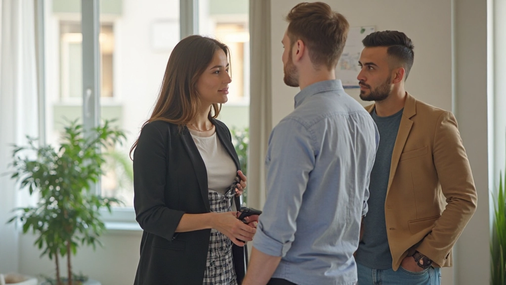 Современный жилой комплекс с информацией о недвижимости и покупателями