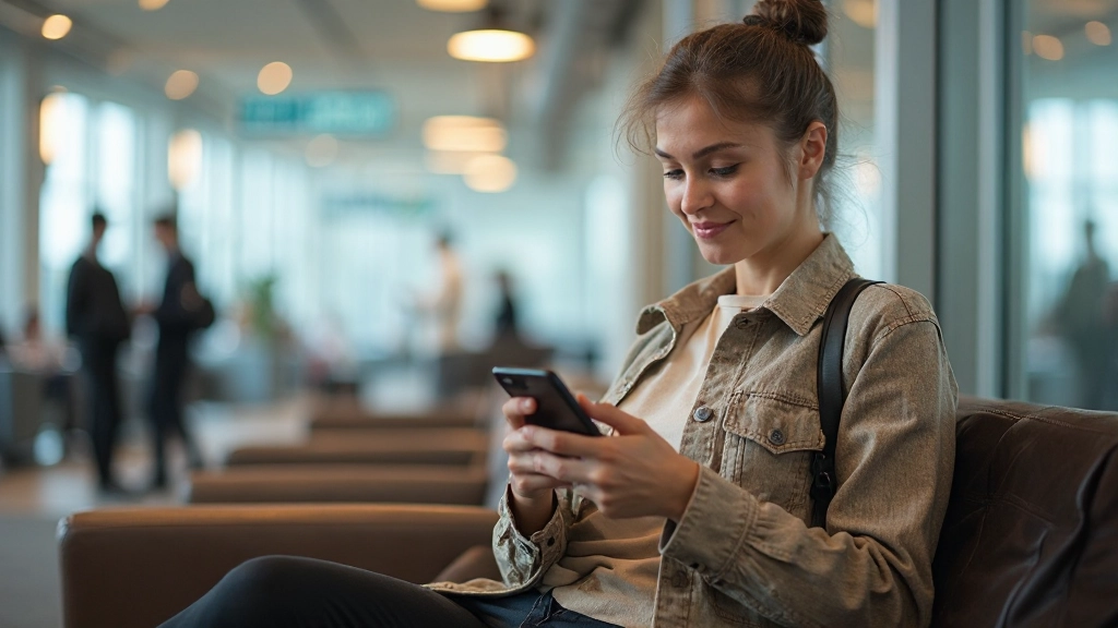 Турист использует мобильное приложение для бронирования отеля на фоне туристического центра