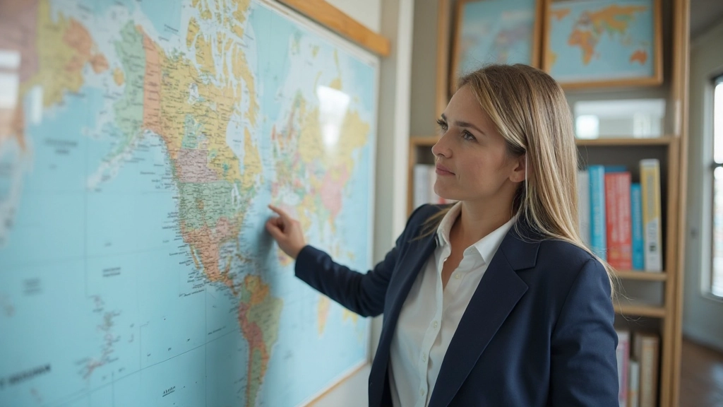 Профессиональное фото туристического агентства, агент показывает маршруты на карте мира