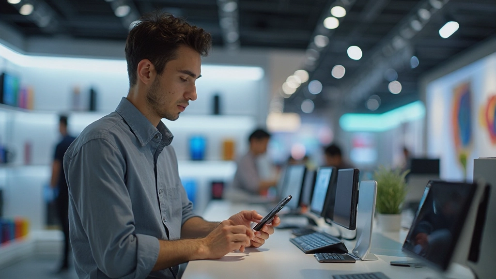 Молодой покупатель выбирает современный смартфон в электронном магазине